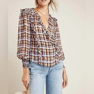 Anthropologie Laila Ruffled Plaid Blouse by Maeve 6